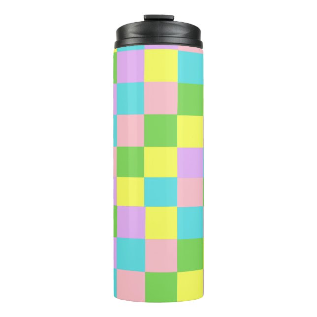 Lila rosa Gelbblau Kariert Thermosbecher (Vorderseite)