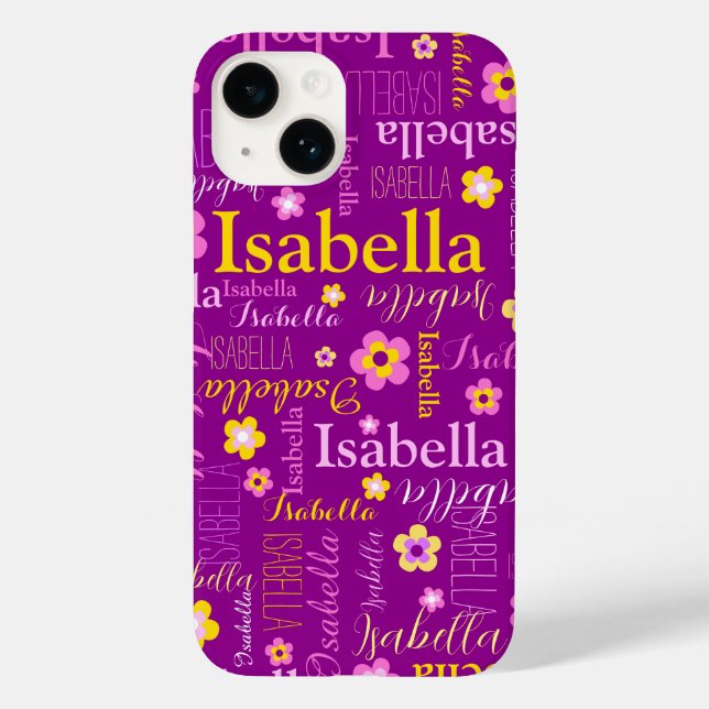 Lila Rosa-Gelbe Mädchen Miranda Name Case-Mate iPhone 14 Hülle (Rückseite)