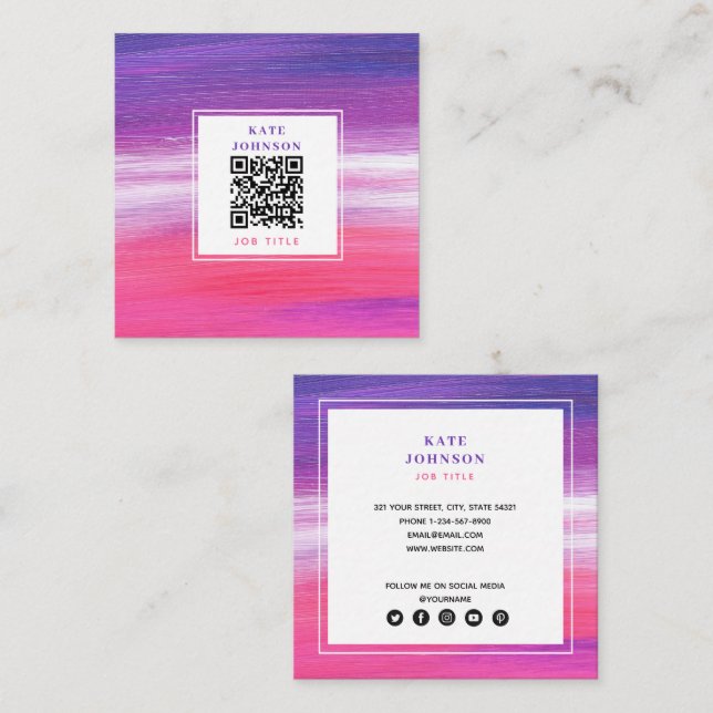 Lila rosa gestrichen Abstrakt QR Code Social Media Quadratische Visitenkarte (Vorne/Hinten)