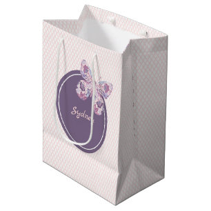 Lila rosa Gittermuster Personalisierter Schmetterl Mittlere Geschenktüte