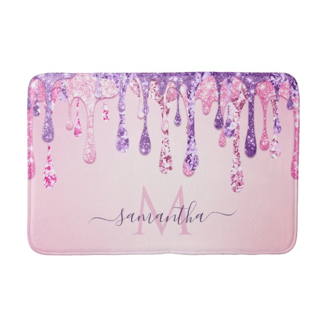 Lila rosa Glam Glitzer Drift Mit Monogramm Name Badematte (Vorderseite)