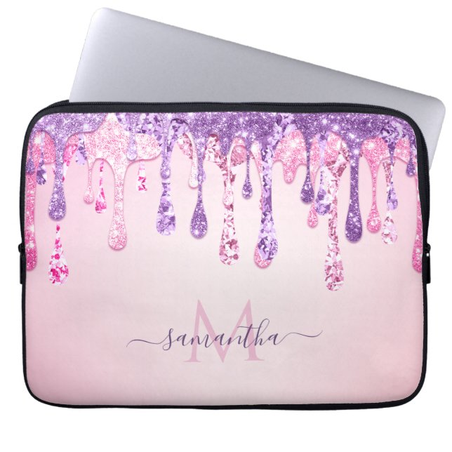 Lila rosa Glam Glitzer Drift Mit Monogramm Name Laptopschutzhülle (Vorderseite)