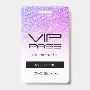Lila Rosa Glitter Glam VIP Pass 16. Einladung Ausweis