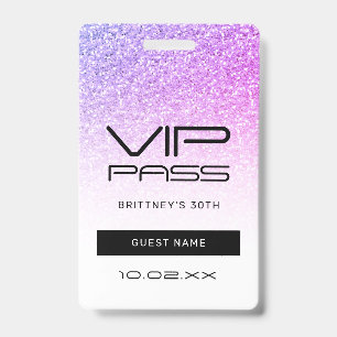 Lila Rosa Glitter Glam VIP Pass 30. Einladung Ausweis