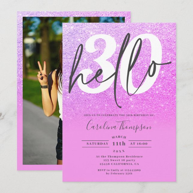Lila rosa Glitzer ombre Farbverlauf Foto hello 30 Einladung (Vorne/Hinten)