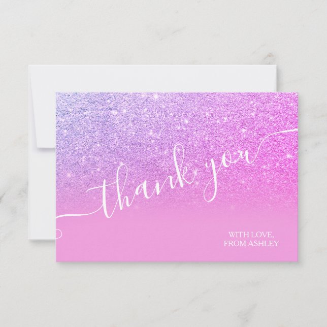 Lila rosa Glitzer ombre funkel script danke (Vorderseite)