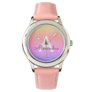 Lila rosa Glitzer und Sparkle Monogram Luxus Armbanduhr