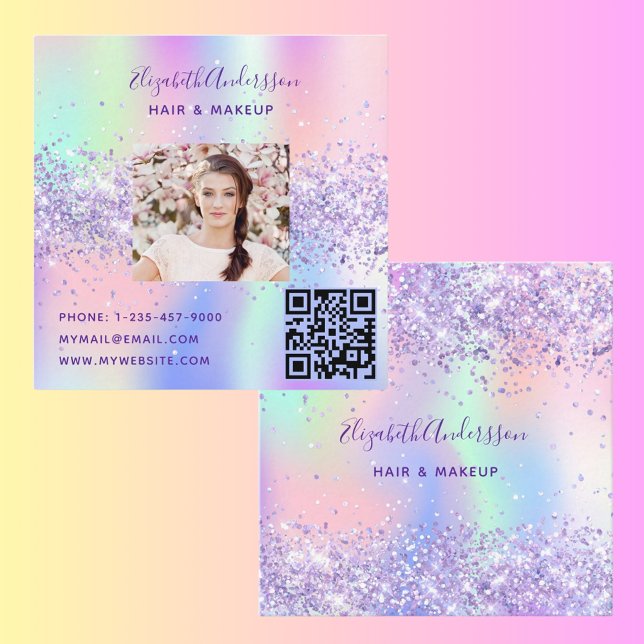 Lila rosa holografischer Foto qr-Code Quadratische Visitenkarte (Von Creator hochgeladen)