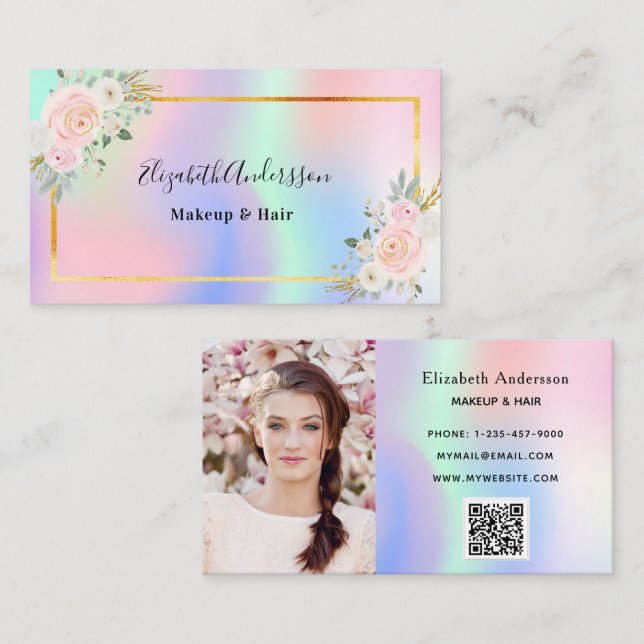 Lila rosa holografisches Foto qr Visitenkarte (Vorne/Hinten)