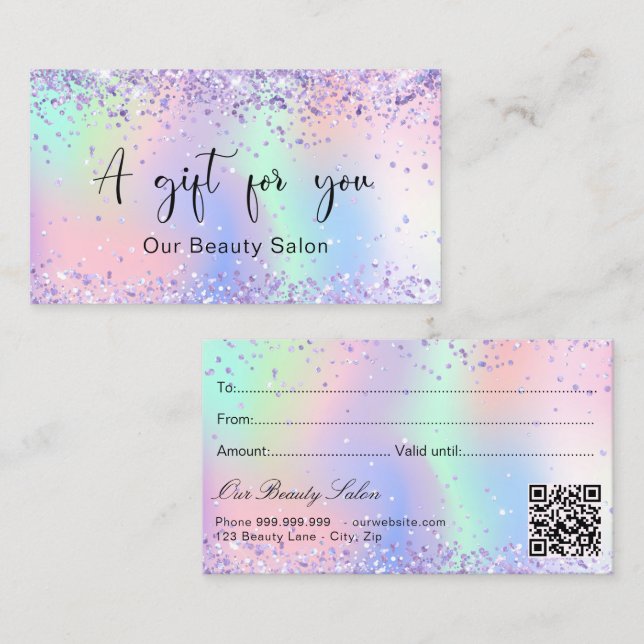 Lila-rosa-holografisches QR-Gutschein Visitenkarte (Vorne/Hinten)