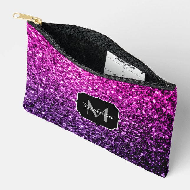 Lila rosa Imitate Glitzer Glitzern Monogramm Zubehörtasche (Offen)