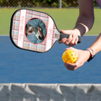 Lila Rosa Karo & Banner mit Namen/Phrase Pickleball Schläger