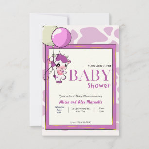 Lila rosa Kuh mit Ballon Babydusche Einladung
