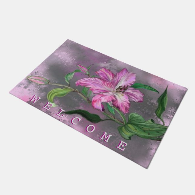 Lila Rosa Lippen Blume Doormat Willkommenstext Fußmatte (Schrägansicht)