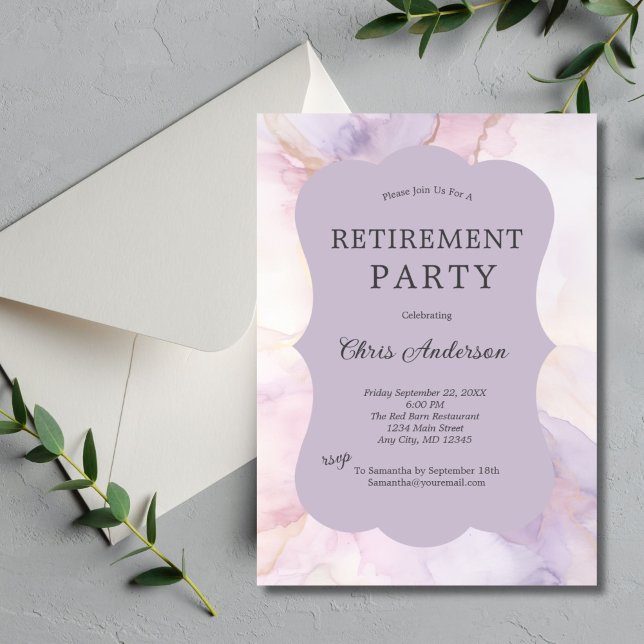 Lila Rosa Marmor Aquarellfarben Party für die Best Einladung (Purple pink gold watercolor marble retirement party invitation. Elegant Simple soft pastels. Printed)