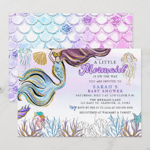 Lila Rosa Moderne Glitzer Meerjungfrau Baby Shower Einladung