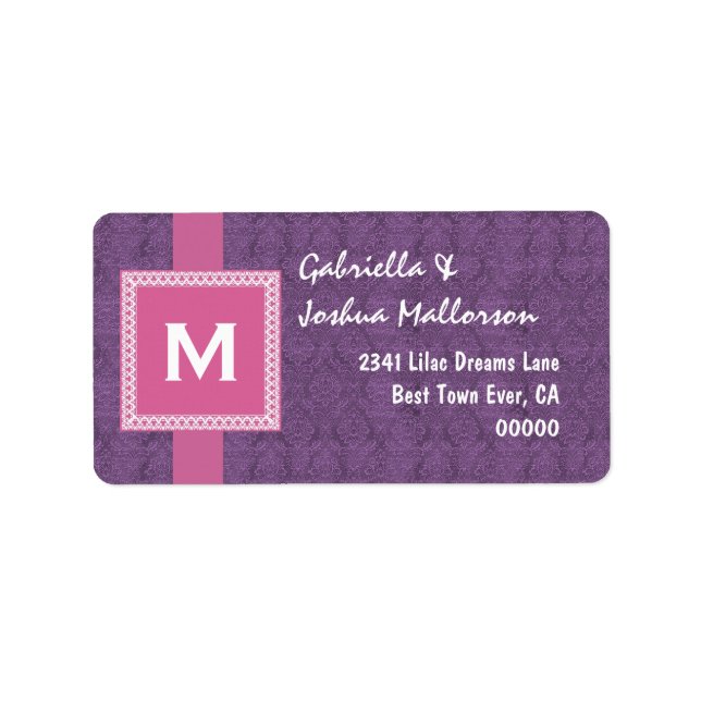 Lila rosa Monogram Square Frame und Ribbon M510 Adressaufkleber (Vorne)