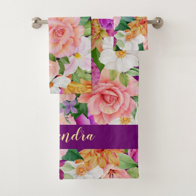 Lila rosa Monogramm, farbige Wasserfarbe Badhandtuch Set (Insitu)