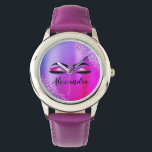 Lila rosa Monogramm Glitzer Eyelashes Modernität Armbanduhr<br><div class="desc">Lila und rosafarbene Imitate Foil metallic sparkle Glitzer gebürsteter Metal Monogram Name and Initial Eyelashes (Lashes),  Eyelash Extensions and Eyes Makeup Watch. Das macht den perfekten 16 Geburtstag,  Hochzeit,  Brautparty,  Jubiläum,  Babydusche oder Junggeselinnen-Abschied Geschenk für jemanden,  der sein Zimmer im trendigen coolen Stil dekoriert.</div>