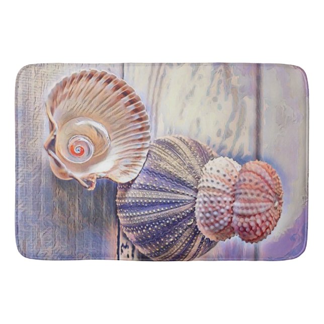 Lila rosa Muscheln auf Holzwasserfarbe Badematte (Vorderseite)