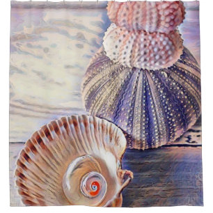 Lila rosa Muscheln auf Holzwasserfarbe Duschvorhang