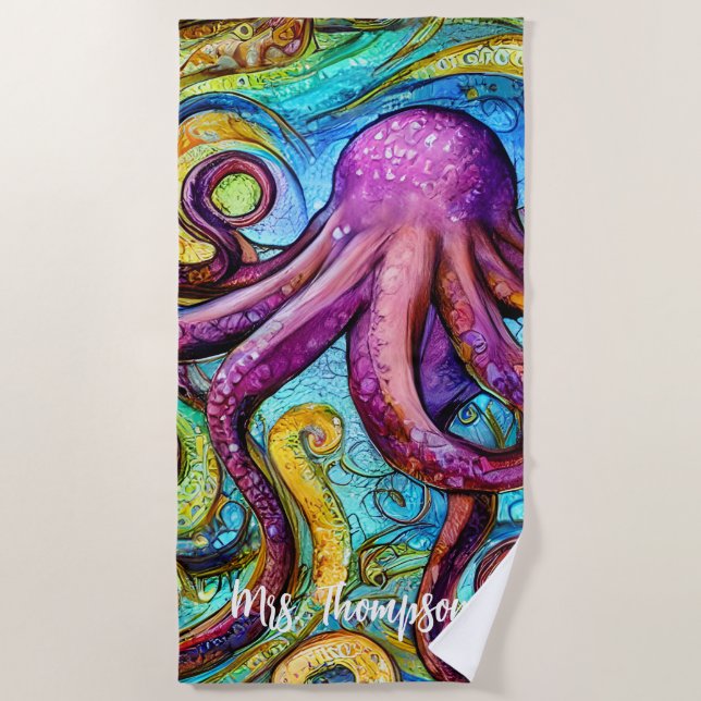 Lila rosa Oktopus mit Personalisiertem Namen Strandtuch (Vorderseite)