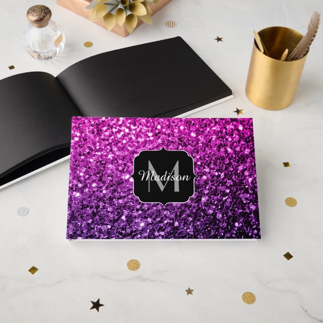 Lila Rosa Ombre Imitate Glitzer Glitzern Monogram Gästebuch (Vorderseite Offen)