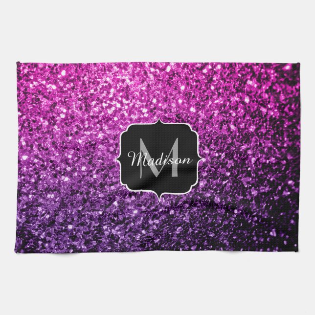 Lila Rosa Ombre Imitate Glitzer Glitzern Monogram Geschirrtuch (Horizontal)