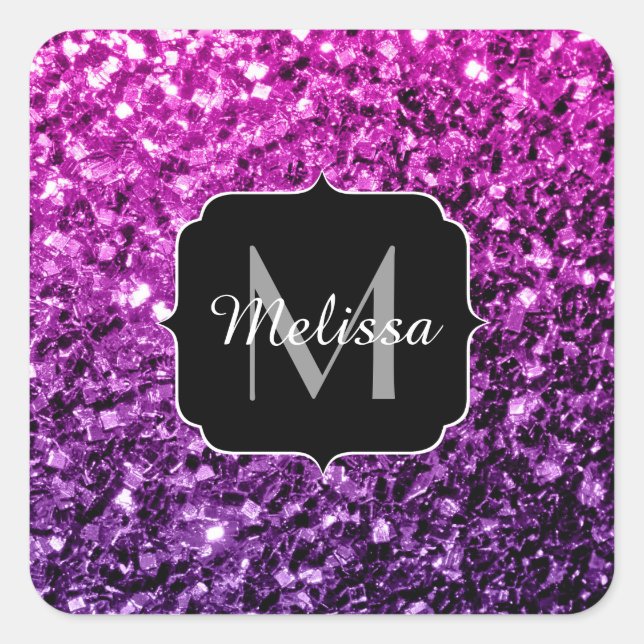 Lila Rosa Ombre Imitate Glitzer Glitzern Monogram Quadratischer Aufkleber (Vorderseite)