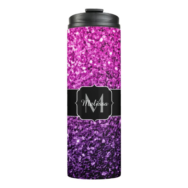 Lila Rosa Ombre Imitate Glitzer Glitzern Monogram Thermosbecher (Vorderseite)