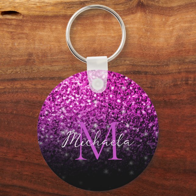 Lila rosa Ombre Imitate Glitzern Monogram Schlüsselanhänger (Vorderseite)
