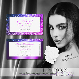 Lila, rosa Ombre, weißer Glitzer Monogramm Visitenkarte