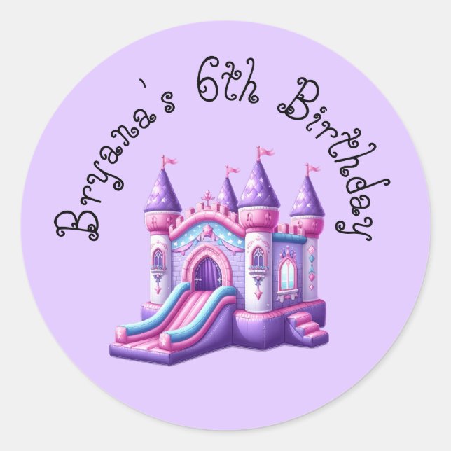 Lila Rosa Princess Castle Bounce House Party Runder Aufkleber (Vorderseite)