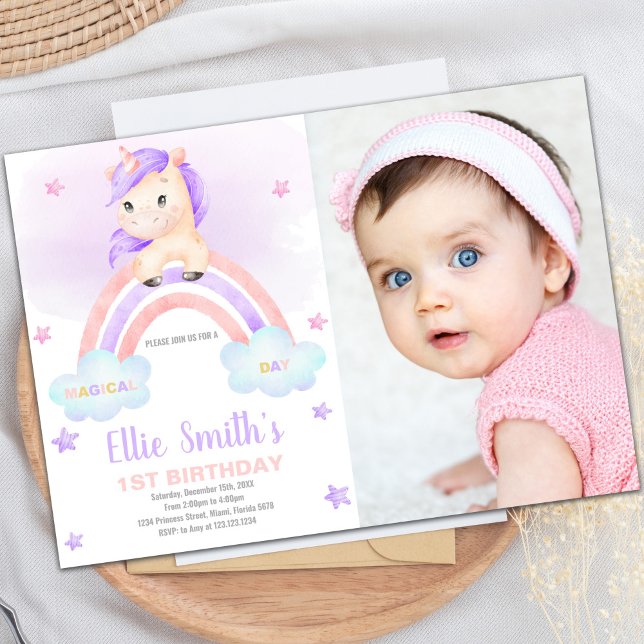 Lila Rosa Regenbogen Einladung mit Foto (Purple Pink Rainbow Unicorn Invitations with photo)