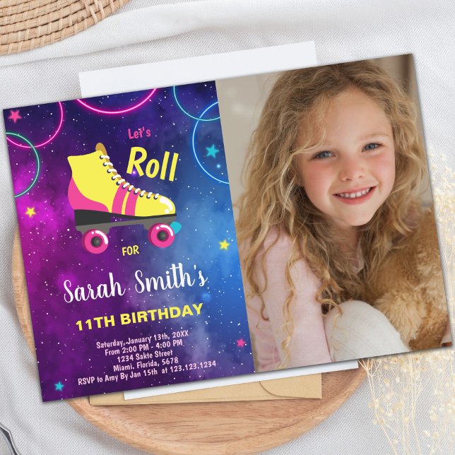 Lila Rosa Roller Skaten Einladungen mit Foto (Purple Pink Roller skating invitations w photo)