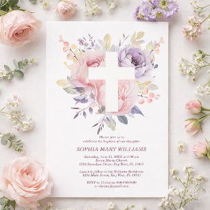 Lila Rosa Rose & Weißes Kreuz Mädchen Taufe  Einladung