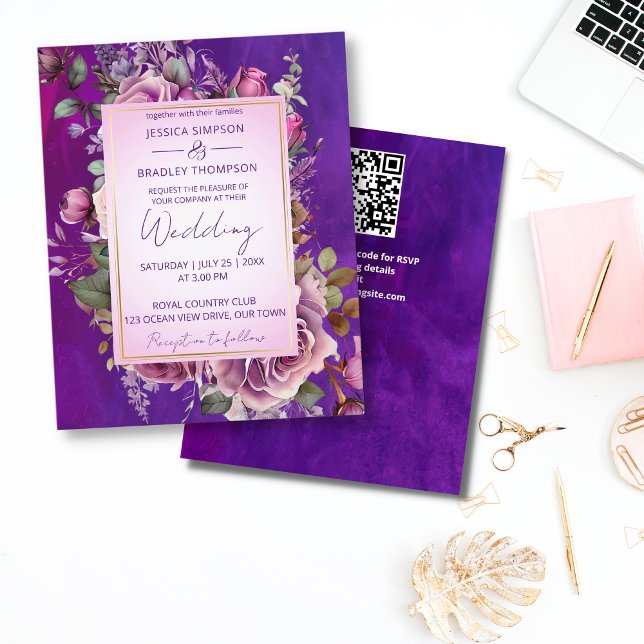 Lila rosa Rosen elegante Budget Hochzeit einladen (Purple pink vintage roses all in one budget wedding invitation template affordable quality invites)