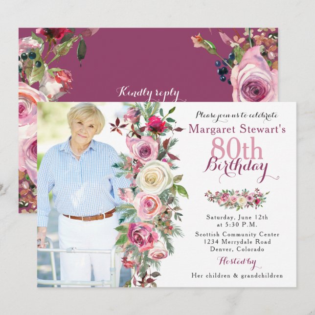 Lila rosa Rosen-Foto-80. Geburtstag Einladung (Vorne/Hinten)
