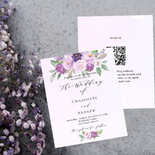 Lila rosa Rosen QR Budget Hochzeitseinladung