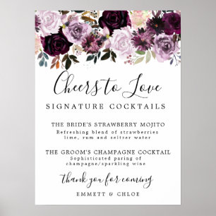 Lila Rosa-Rosen-Signatur-Cocktails-Hochzeitsschild Poster