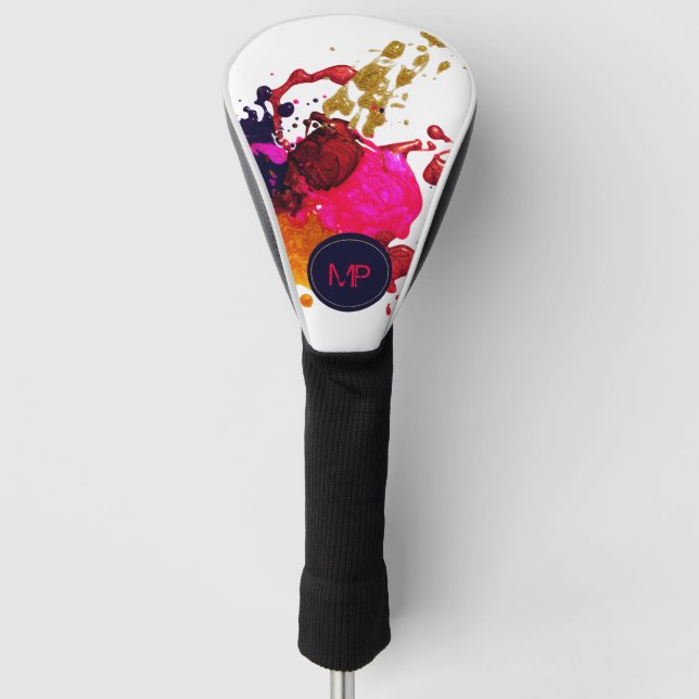 Lila rosa Rot-Gold-Nailpolis-Spritzer-Monogramm Golf Headcover (Vorderseite)