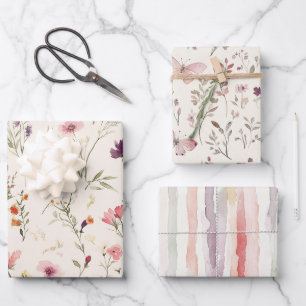 Lila Rosa Rote Blumen Schmetterlinge Brautparty Geschenkpapier Set