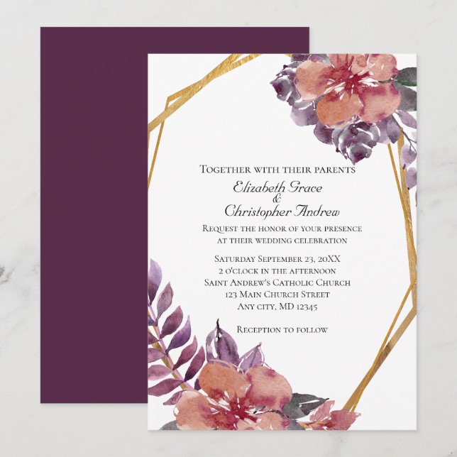 Lila Rosa Rote Flora Hochzeit Gold Einladung (Vorne/Hinten)