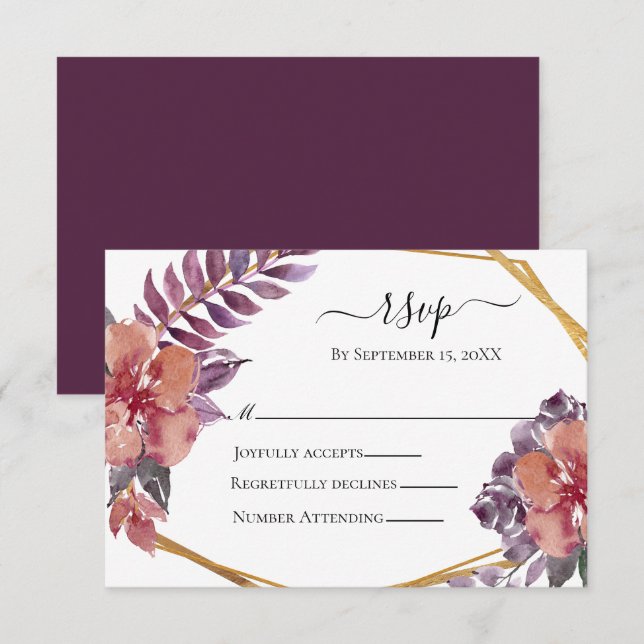 Lila Rosa Rote Flora Wasserfarben Goldhochzeit RSVP Karte (Vorne/Hinten)