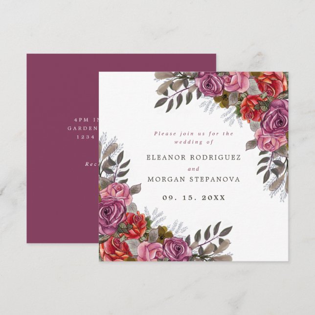 Lila Rosa rote Rose Bouquet Hochzeitsreise Einladung (Vorne/Hinten)