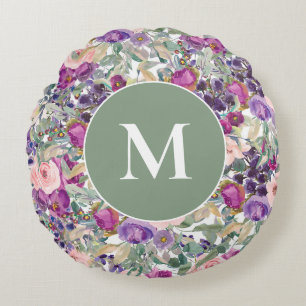 Lila Rosa-Sage Grüne Boho-Blume Rundes Kissen
