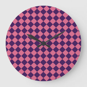 Lila Rosa Schachbrett-Diamant-Muster Große Wanduhr