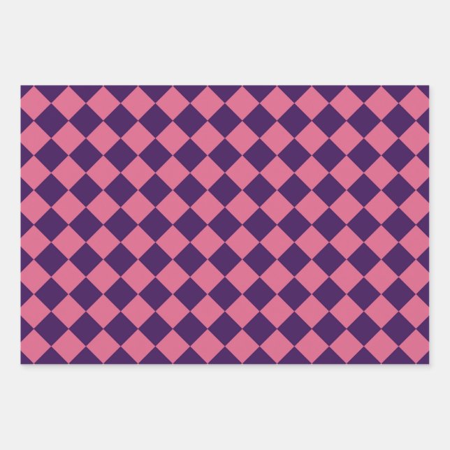 Lila rosa Schachbrett Diamantmuster Geschenkpapier Set (Vorderseite)