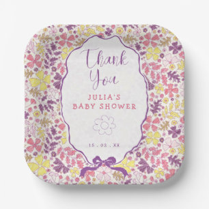 Lila Rosa Schleife Wildblumen Blüten Baby Shower Pappteller