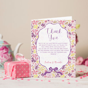 Lila Rosa Schleife Wildblumenblüten Babyparty Dankeskarte